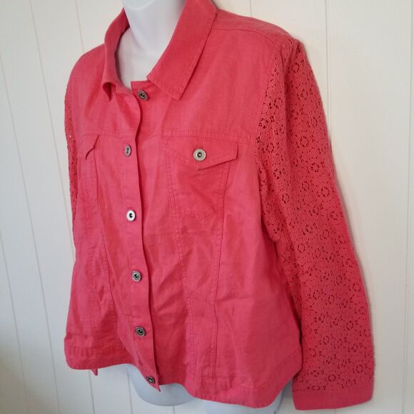 Chico's Jacket Size 2 US Medium Petite Button Up Lace Sleeve Linen - Picture 3 of 9